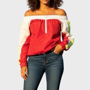 Vintage Windbreaker jacket Colorblock Off Shoulder cropped 1/4 Zip athletic wear
